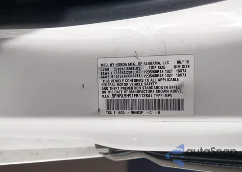 2015 Honda Odyssey Touring/Touring Elite z USA, uszkodzony, nr VIN 5FNRL5H91FB112847